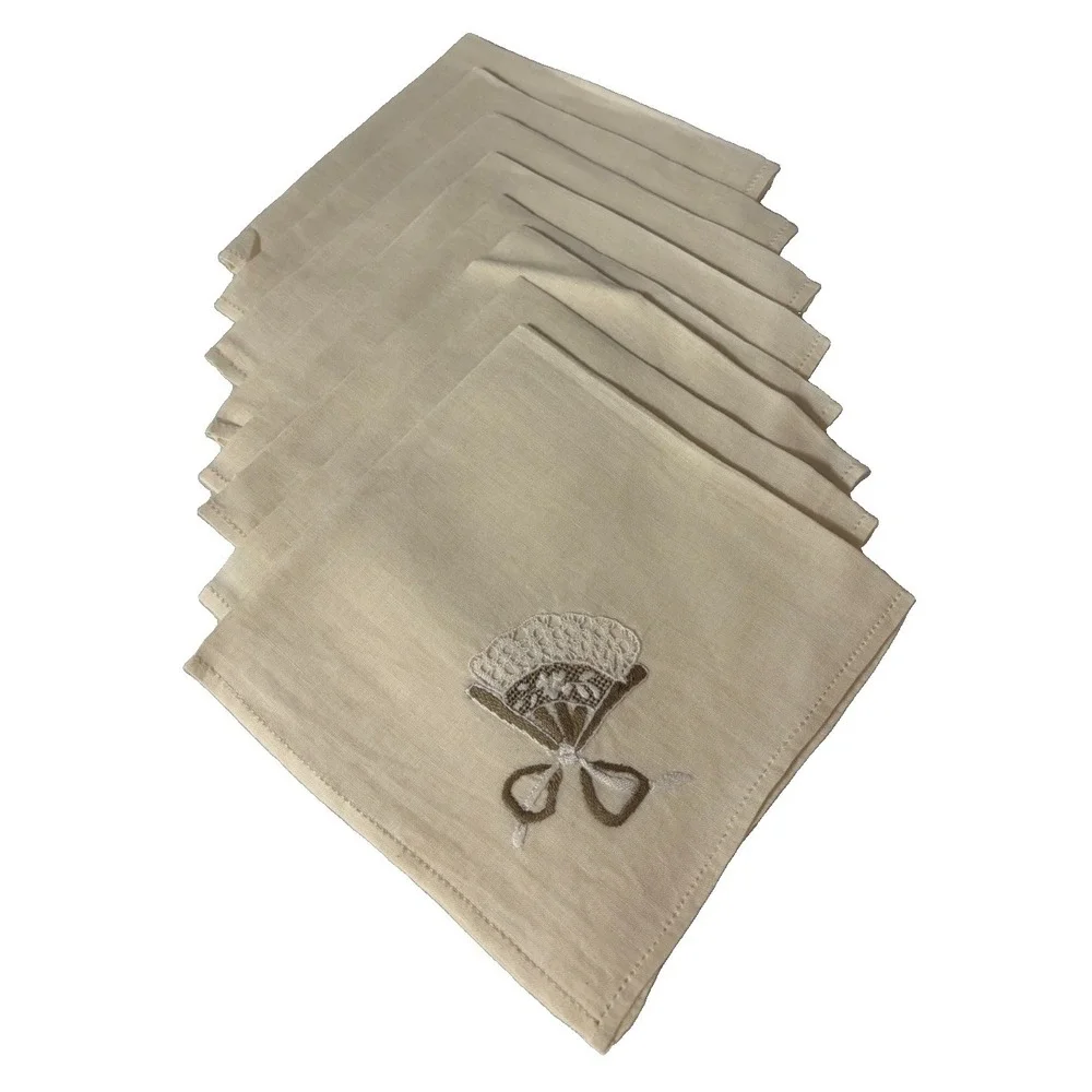 Vintage Linen Napkins Set of 8 Embroidered Fan Bow Ivory Cream 16
